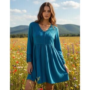 Gretty Zueger Tunic Mini dress NWT Teal Blue sz L large boho hippie embroidered